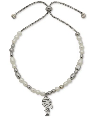 Karl Lagerfeld Silver-tone Imitation Pearl Charm Slider Bracelet In Metallic