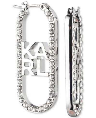 Karl Lagerfeld Silver-tone Pave Logo Oval Hoop Earrings In Crystal Wh
