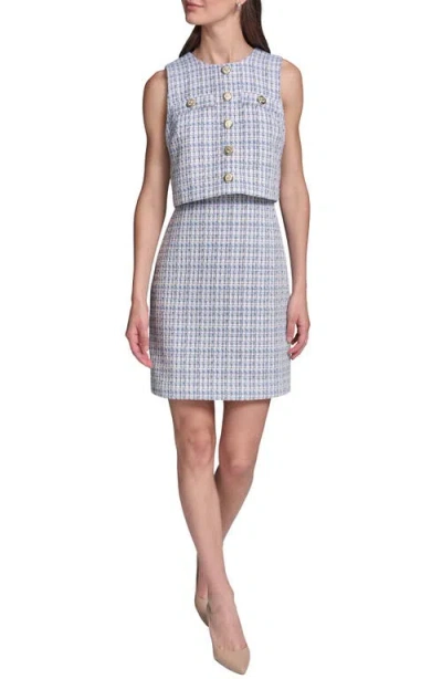 Karl Lagerfeld Sleeveless Tweed Sheath Popover Dress In Blue