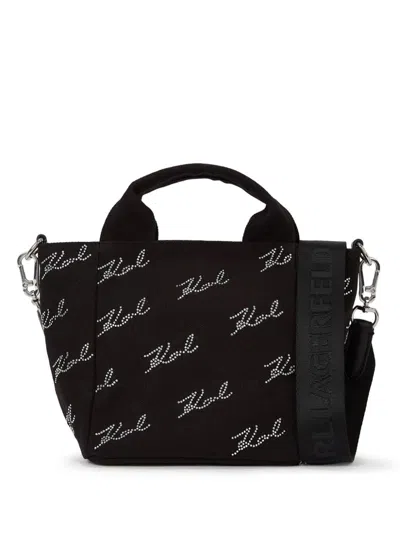 Karl Lagerfeld Signature Rhinestone-embellished Tote Bag In Black