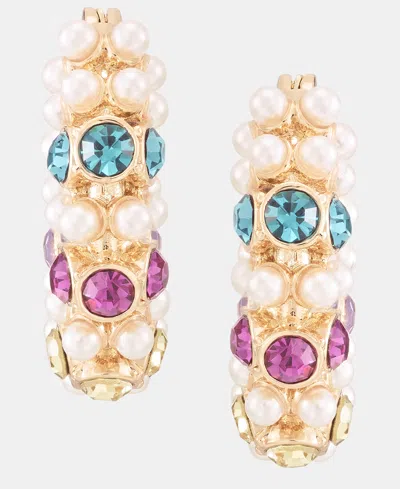 Karl Lagerfeld Small Multicolor Crystal & Imitation Pearl Hoop Earrings, 0.65" In Gold