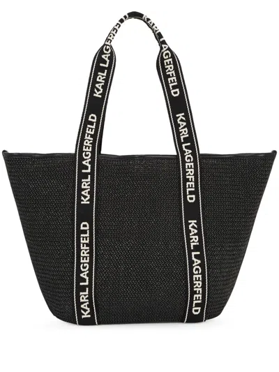 Karl Lagerfeld Small Signature Raffia Beach Tote Bag In Black