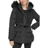 Karl Lagerfeld Smocked Belted Ski Puffer Jacket With Faux Fur Hood In Black
