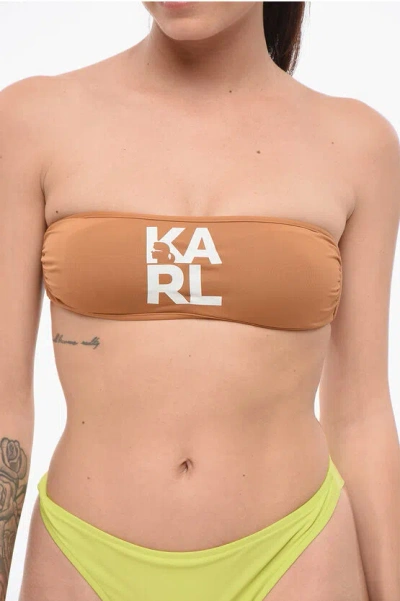 Karl Lagerfeld Solid Color Bandeau Bikini Top With Printed Contrasting Logo