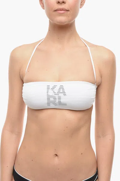 Karl Lagerfeld Solid Color Bandeau Bikini Top With Printed Contrasting Logo In White