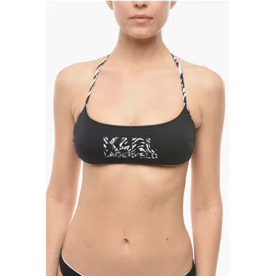 Karl Lagerfeld Solid Color Halter Bikini Top With Animal Patterned Details In Black