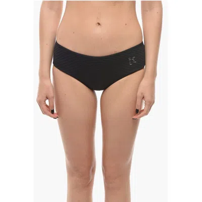 Karl Lagerfeld Solid Color Hipster Bikini Bottom With Striped Detail In Black
