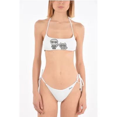 Karl Lagerfeld Solid Color Karl & Choupette Bandeau Bikini Top With Studs In White