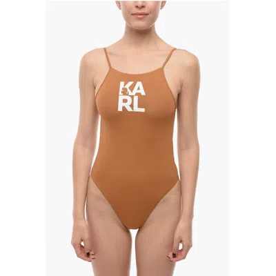 Karl Lagerfeld Solid Color One-piece Swimsuit With Printed Logo In Brown