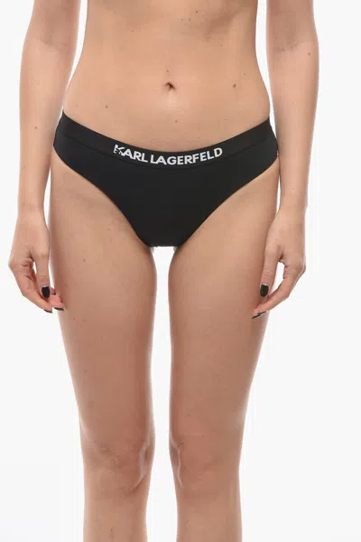 Karl Lagerfeld Solid Color Sport Bikini Bottom With Elastic Band Logoed At In Black