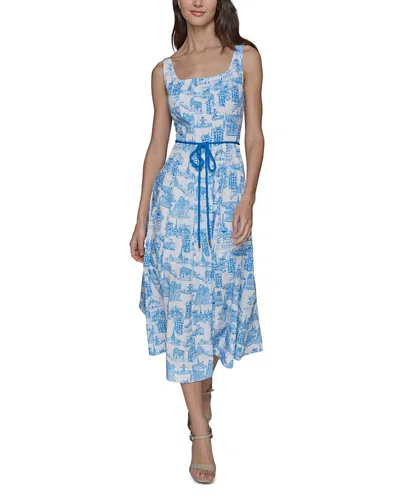 Karl Lagerfeld Square Neck Fit And Flare Dress In Soft White/french Blue