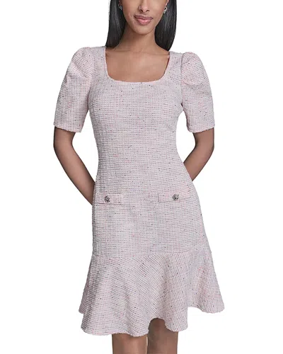 Karl Lagerfeld Square Neck Knit Tweed Puff Sleeve Flounce Hem Dress In Gray