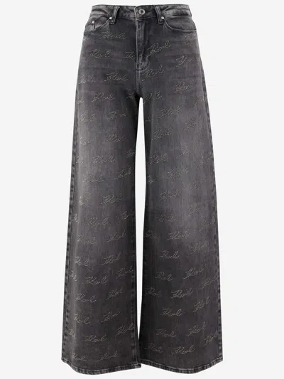 Karl Lagerfeld Stretch Cotton Denim Jeans With Rhinestone Logo In Grey