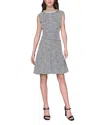 Karl Lagerfeld Stretch Tweed Pearl Neck Mini Dress In Gray