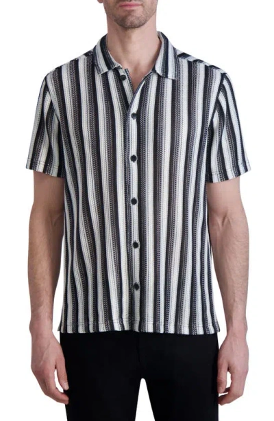 Karl Lagerfeld Stripe Knit Short Sleeve Button-up Shirt In Black/ White