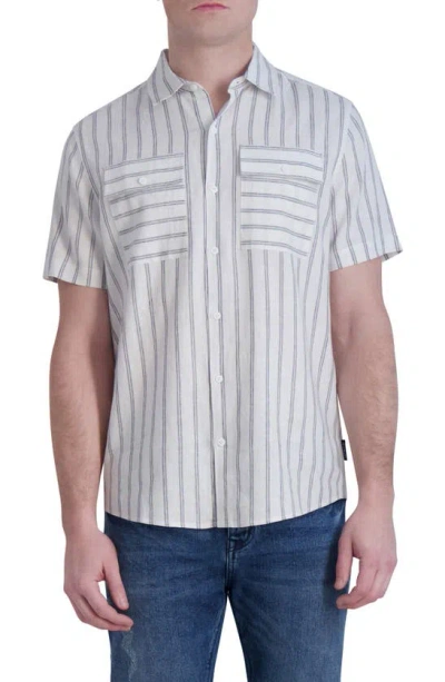 Karl Lagerfeld Stripe Linen Blend Short Sleeve Button-up Shirt In White/ Black