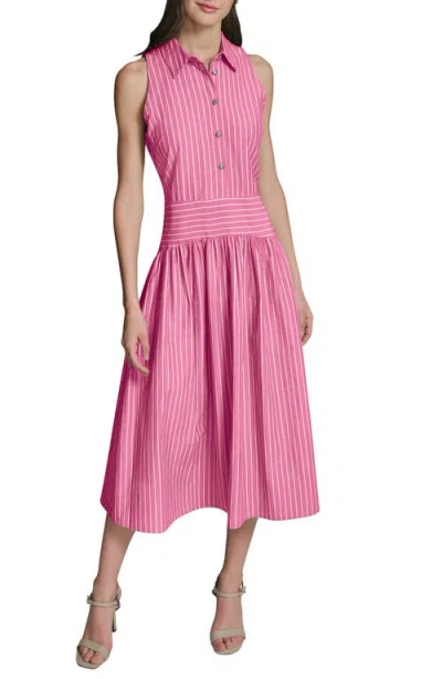 Karl Lagerfeld Stripe Sleeveless Cotton Blend Midi Shirtdress In Pink