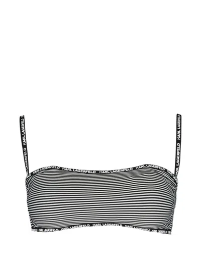 Karl Lagerfeld Striped Logo-strap Bikini Top In Gray
