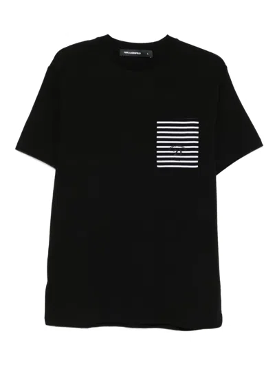 Karl Lagerfeld Striped-pocket T-shirt In Black