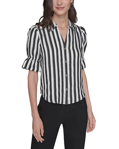 Karl Lagerfeld Striped Short Sleeve Button Down Blouse In Multi