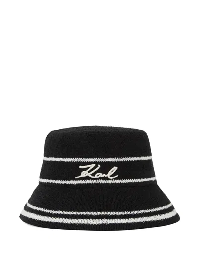 Karl Lagerfeld Striped Signature Bucket Hat In Black