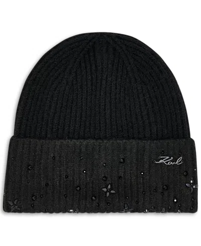 Karl Lagerfeld Studded Shaker Stitch Beanie Hat In Black