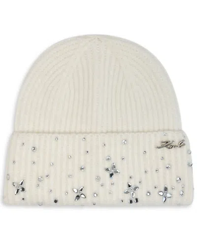 Karl Lagerfeld Studded Shaker Stitch Beanie Hat In White