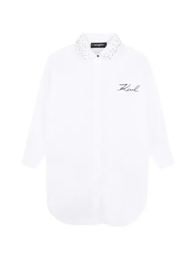 Karl Lagerfeld Kids' Stud-embellished Logo-print Shirt Dress In White