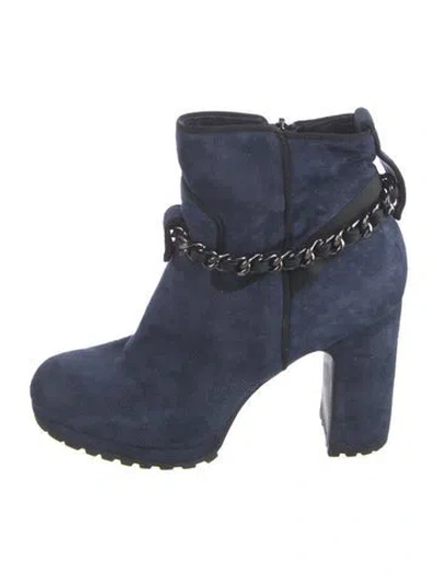 Pre-owned Karl Lagerfeld Suede Chain-link Accents Lace-up Boots In Blue