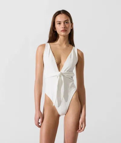 Karl Lagerfeld Pearl-embellished Tie-front Swimsuit In White