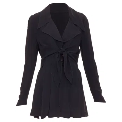 Pre-owned Karl Lagerfeld Tie Front Pleated Hem Wool Crepe Coat In Black