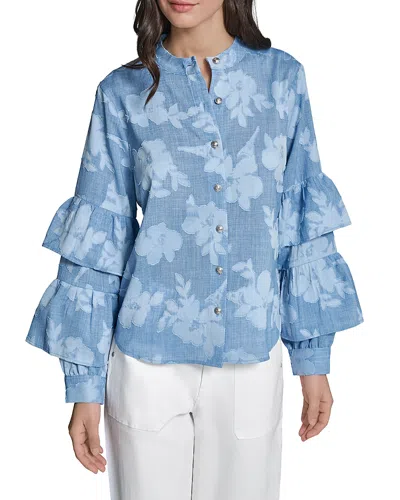 Karl Lagerfeld Tiered Ruffled Sleeve Floral Blouse In Blue