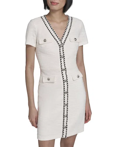 Karl Lagerfeld Beaded Trim Knit Tweed Sheath Dress In White