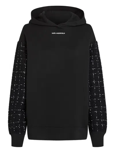 Karl Lagerfeld Tweed-sleeve Hoodie In Black