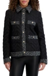 Karl Lagerfeld Tweed Trim Quilted Puffer Jacket In Black