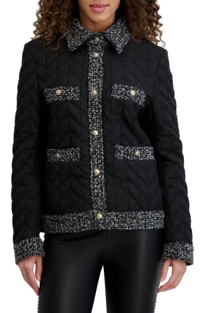 KARL LAGERFELD KARL LAGERFELD PARIS TWEED TRIM QUILTED PUFFER JACKET