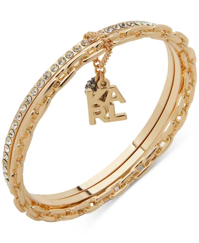 Karl Lagerfeld Two-tone Crystal Disco Ball & Logo Charm Triple-row Bangle Bracelet In White