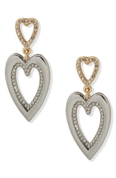 Karl Lagerfeld Two-tone Crystal Heart Drop Earrings In Metallic