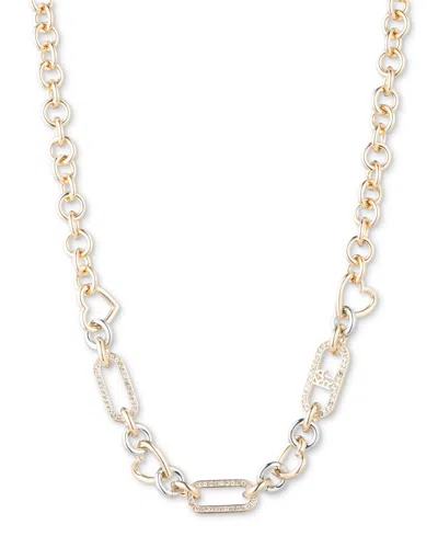 Karl Lagerfeld Two-tone Heart & Pave Logo Link Collar Necklace, 16" + 3" Extender In Crystal Wh