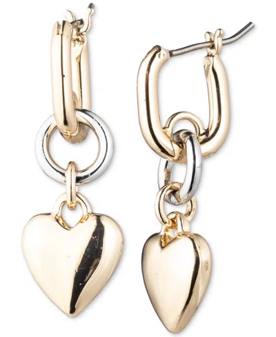 Karl Lagerfeld Two-tone Heart Charm Huggie Hoop Earrings In Gold,silve