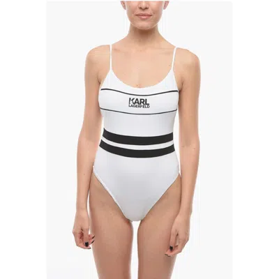 Karl Lagerfeld Two-tone One Piece Swimsuit With Printed Logo In White