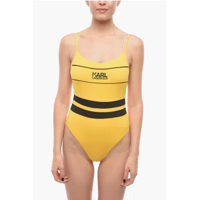 Karl Lagerfeld Two-tone One Piece Swimsuit With Printed Logo In Yellow
