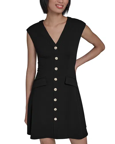 Karl Lagerfeld V Neck Button Front Fit And Flare Dress In Black