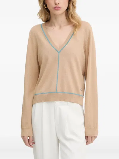 Karl Lagerfeld V-neck Embroidered-logo Sweater In Neutral