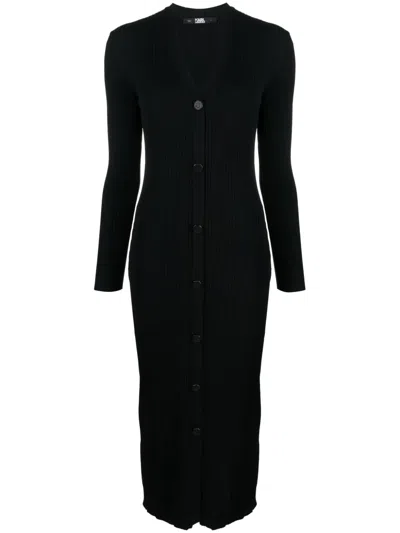 Karl Lagerfeld V-neck Knitted Midi Dress In Black