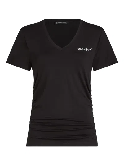 Karl Lagerfeld V-neck Ruched T-shirt In Black