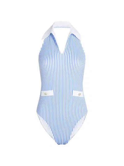 Karl Lagerfeld Vertical Striped One-piece Swimsuit With Collared Detail In Blue