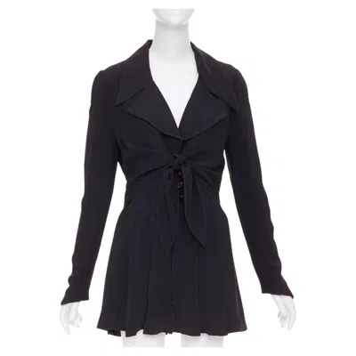 Pre-owned Karl Lagerfeld Vintage Black Tie Front Pleated Hem Wool Crepe Coat Fr44 2xl