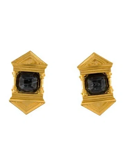 Pre-owned Karl Lagerfeld Vintage Glass Greek Temple Clip-on Earrings In Black