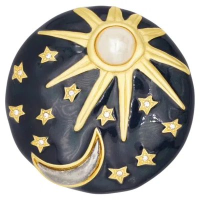 Pre-owned Karl Lagerfeld Vintage Gold Large Blue Sun Moon Stars Pearl Circle Chunky Brooch